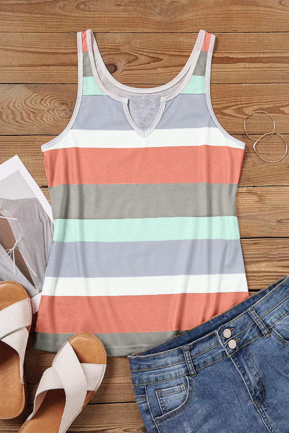 Jennifer- Striped Color Block Notched Neck Tank Top