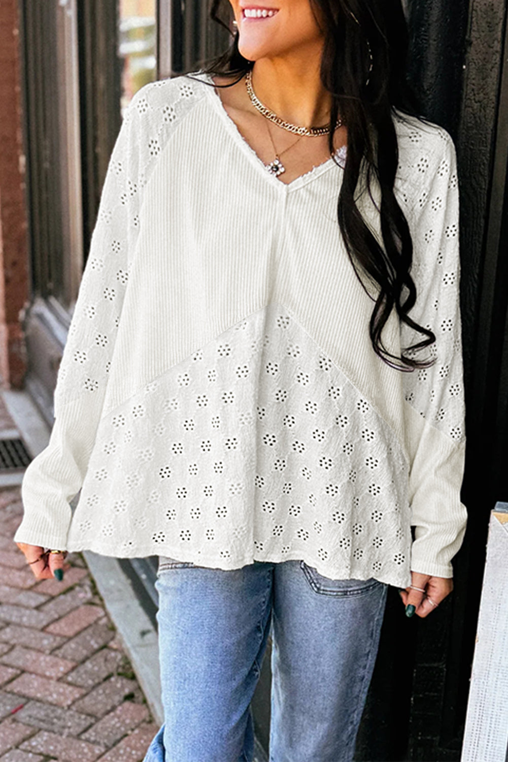 White Twisted Rib V Neck Long Sleeve Top