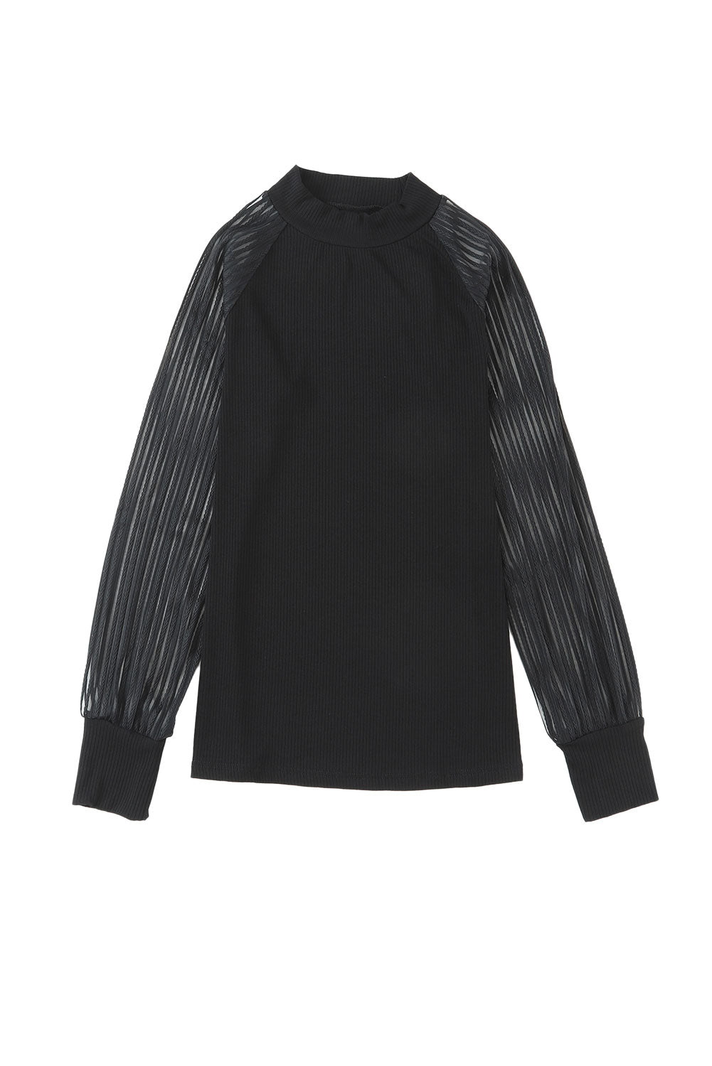 Ribbed Solid Color Striped Mesh Long Sleeve Top