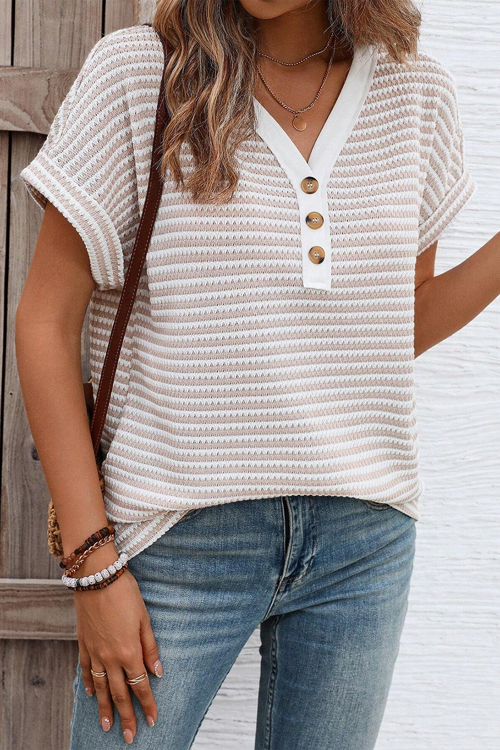 Evelyn- Khaki Stripe Buttoned Front V Neck