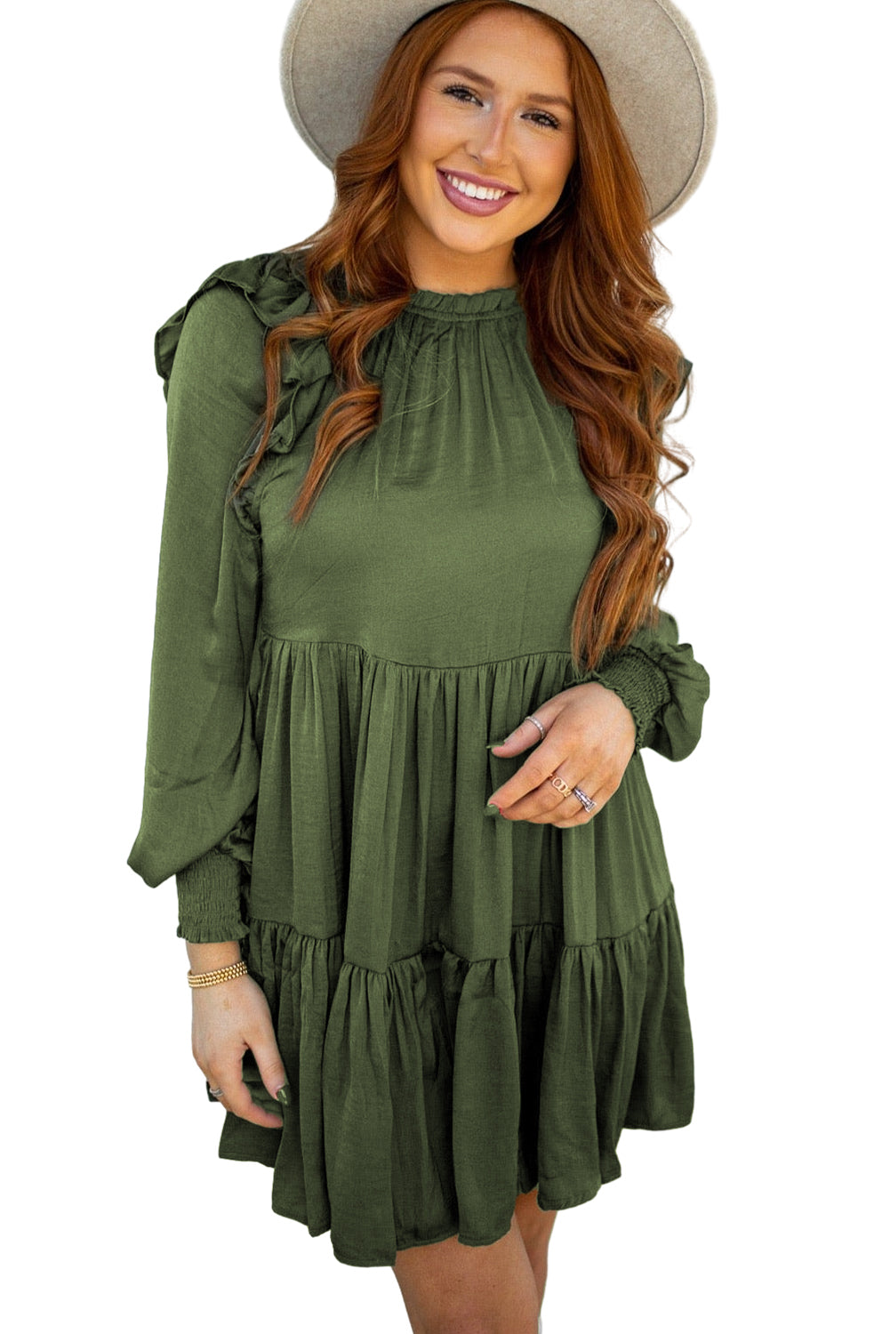Moss Green Ruffled High Waist Long Sleeve Mini Dress