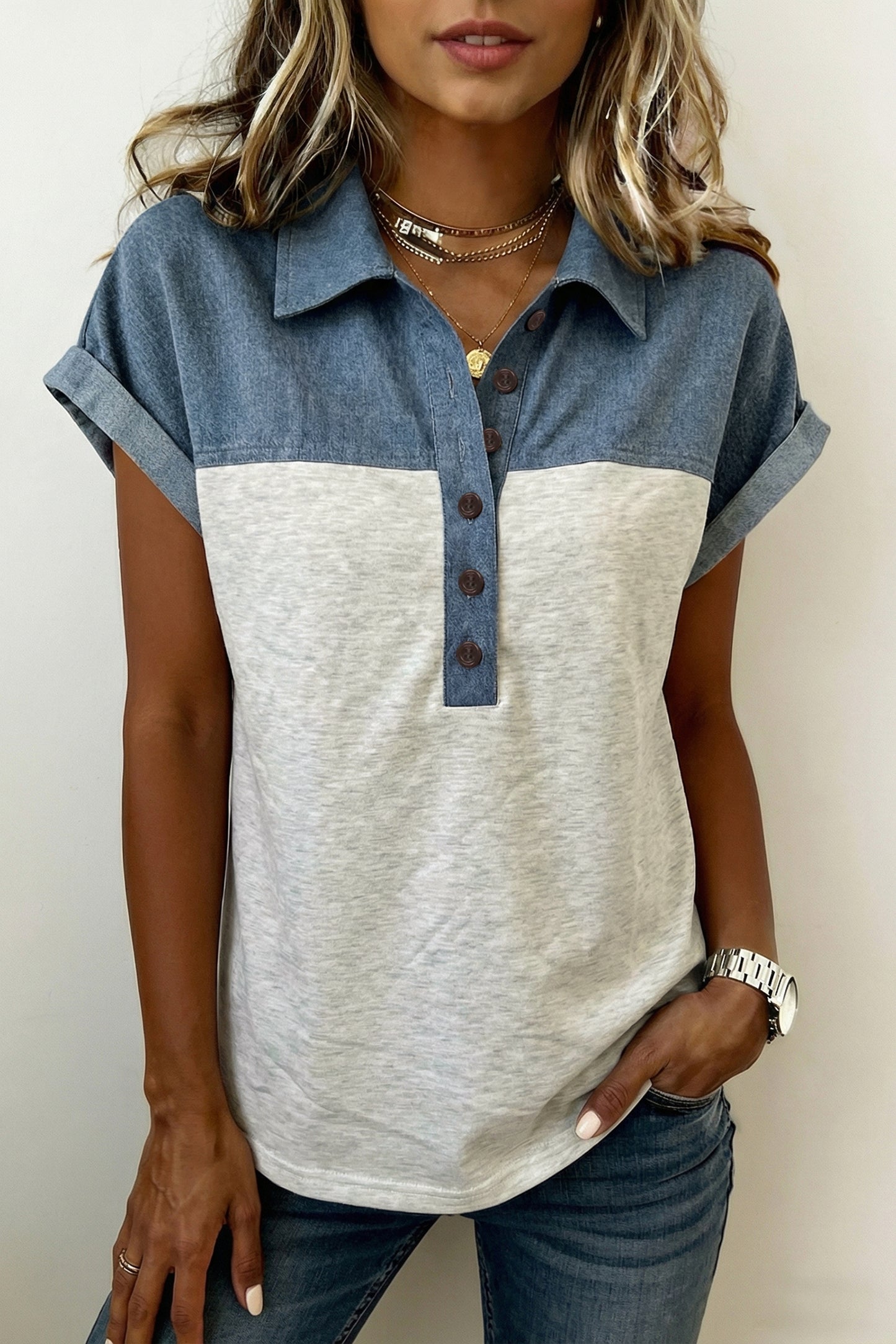 Grey Color Block Denim Short Sleeve Top