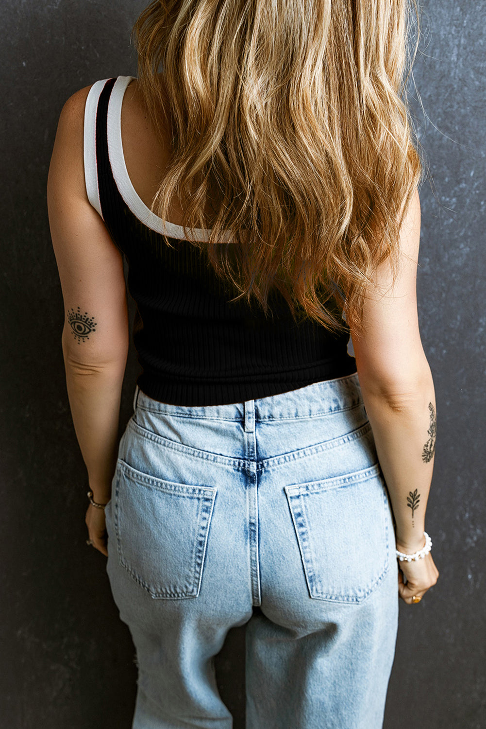 Candy-Black Colorblock Edge Ribbed Knit Tank