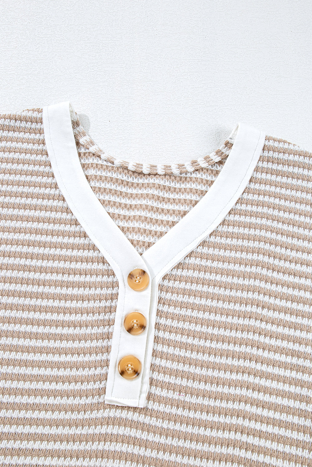 Evelyn- Khaki Stripe Buttoned Front V Neck
