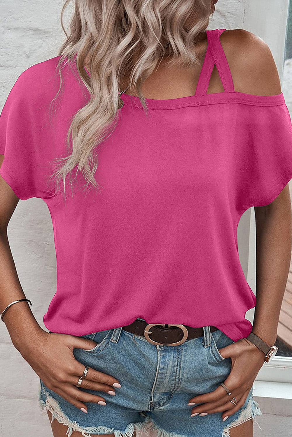 Asymmetric Criss Cross Cold Shoulder T-Shirt