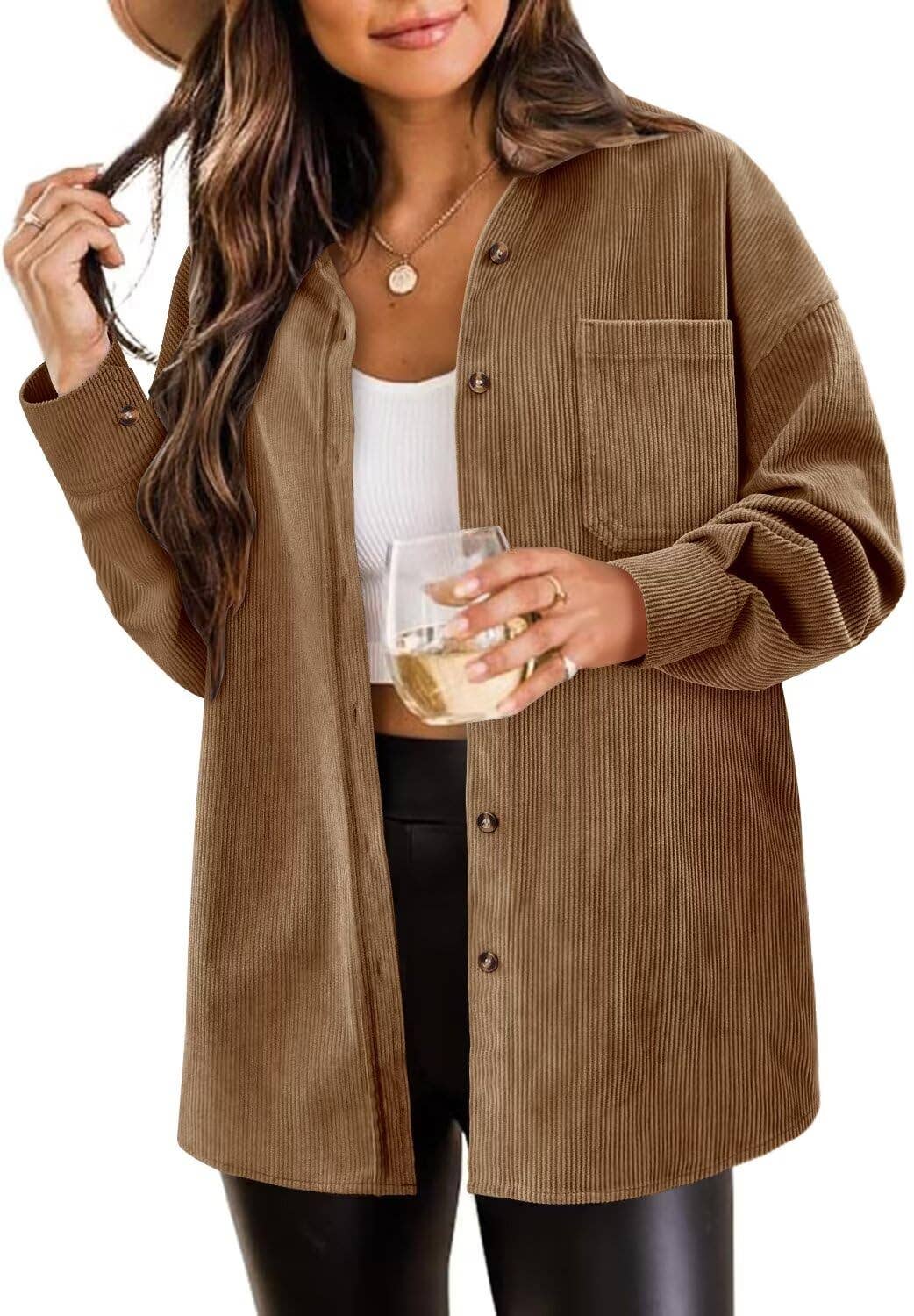 V Neck Button Down Oversized Blouses Tops with Pockets