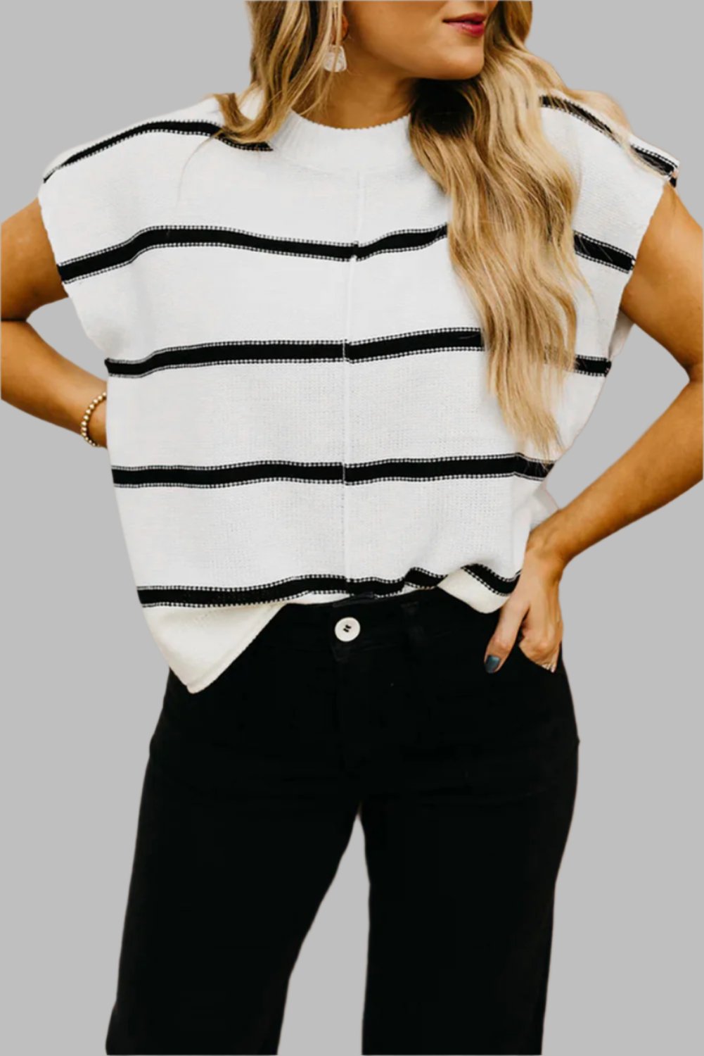 White Striped Batwing Sleeve Sweater