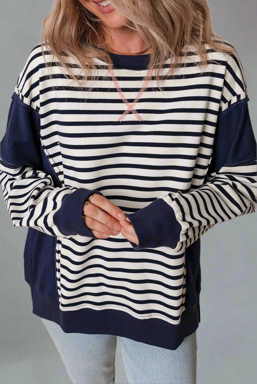 White Stripe Color Block Exposed Seam Loose Fit Sweatshirt