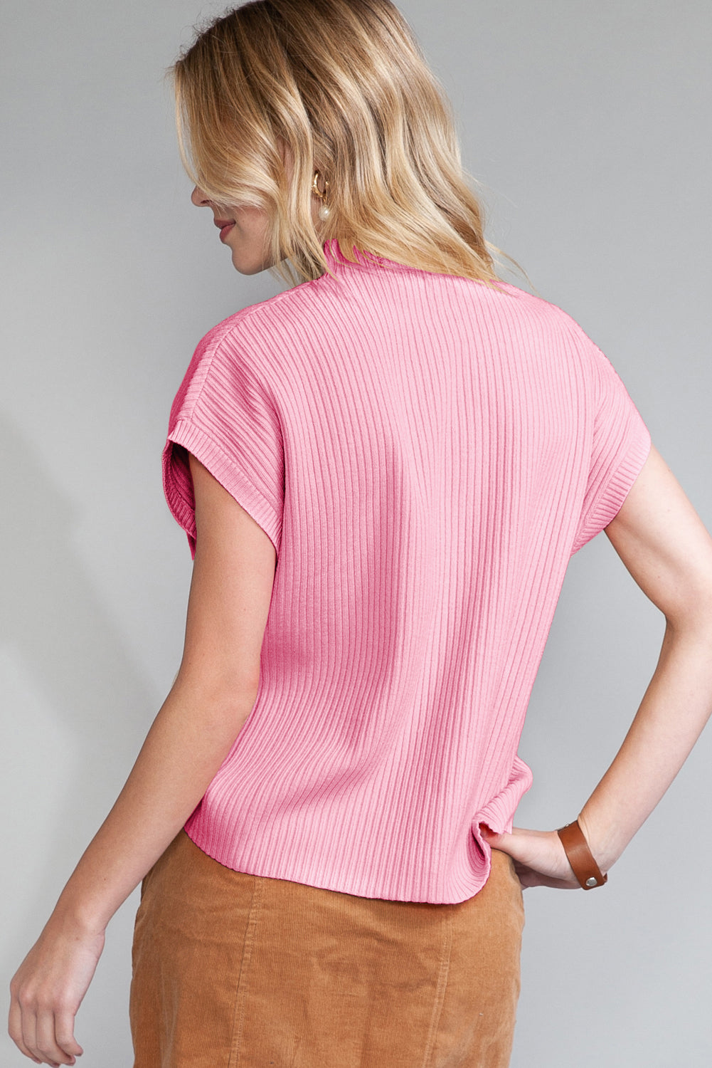 Patch Pocket Ribbed Knit Short Sleeve Sweater