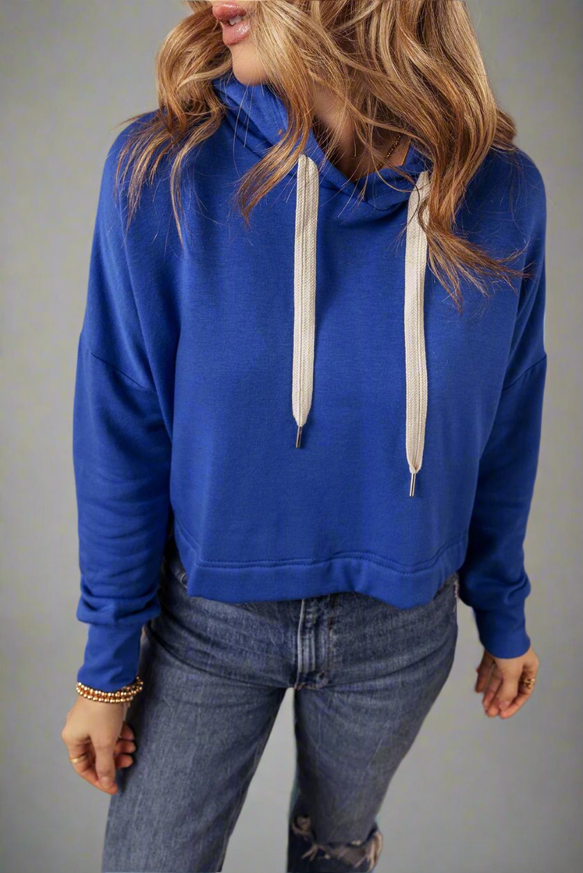 Dark Blue Solid Drop Shoulder Drawstring Cropped Hoodie