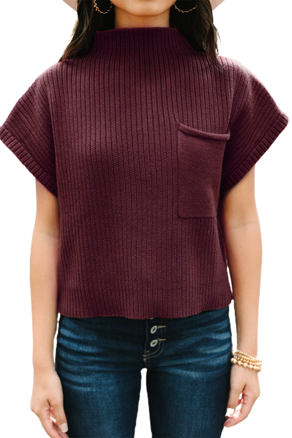 Patch Pocket Ribbed Knit Short Sleeve Sweater