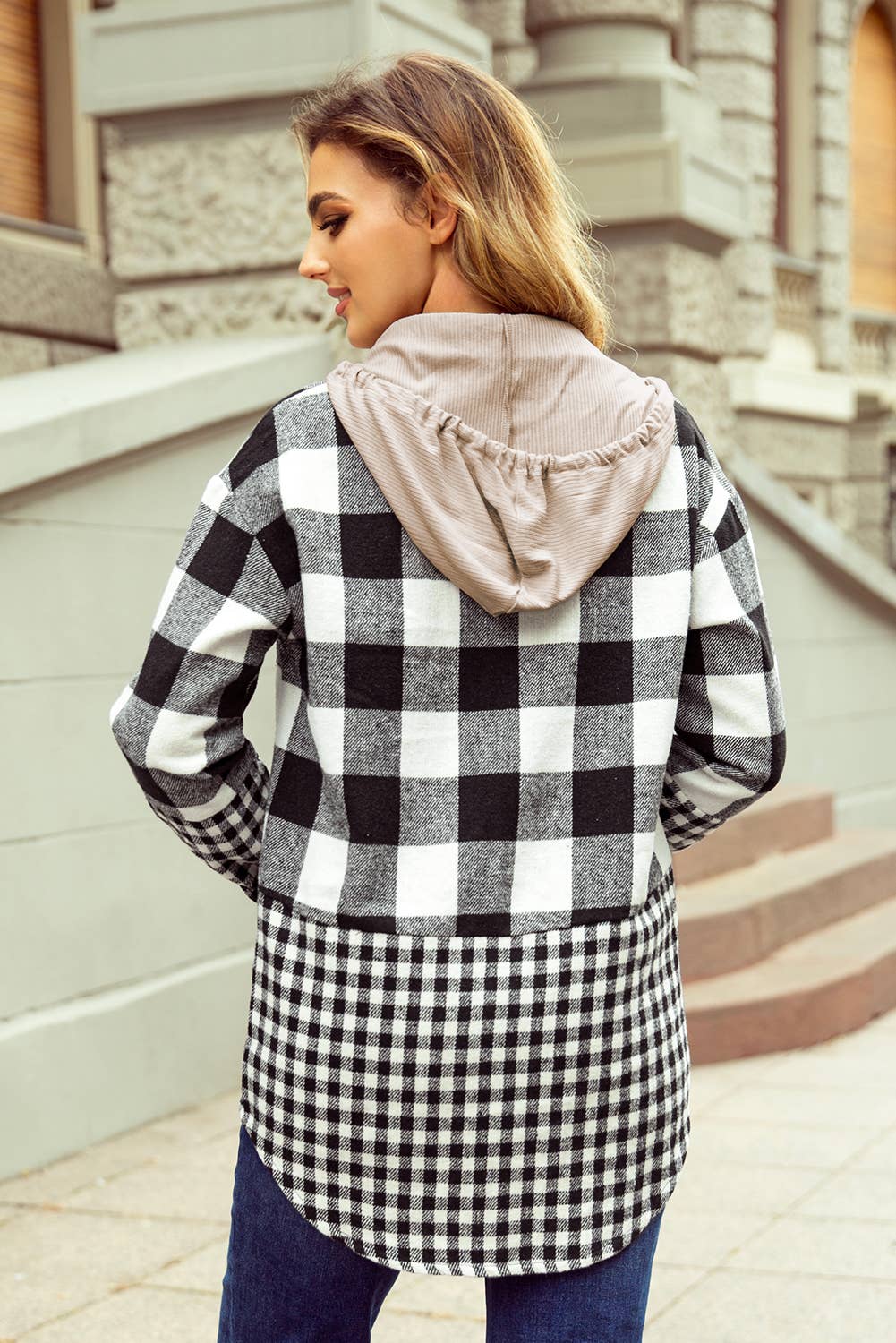 Double Plaid Patchwork Drawstring Hooded Shacket