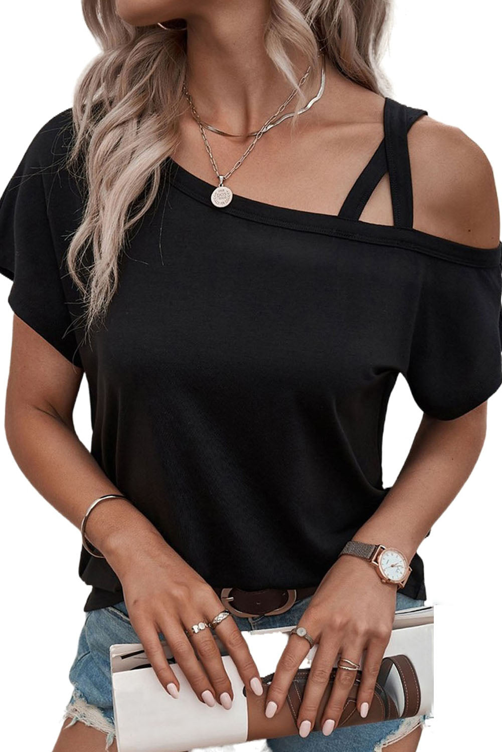Asymmetric Criss Cross Cold Shoulder T-Shirt