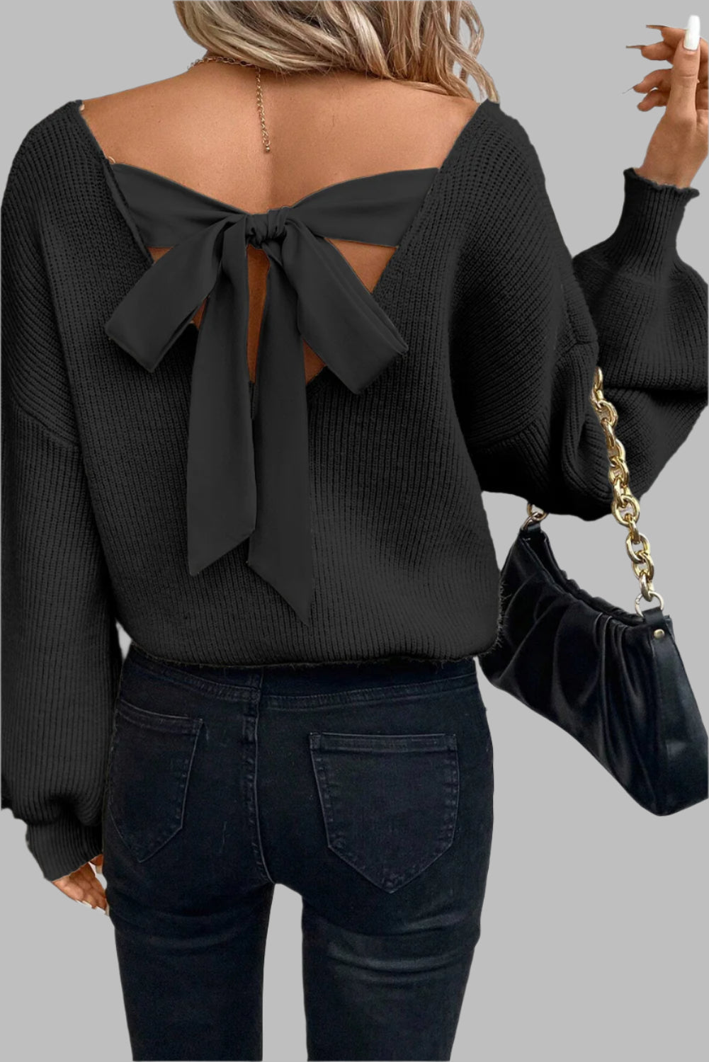 Apricot Lantern Sleeve V Neck Knot Back Sweater