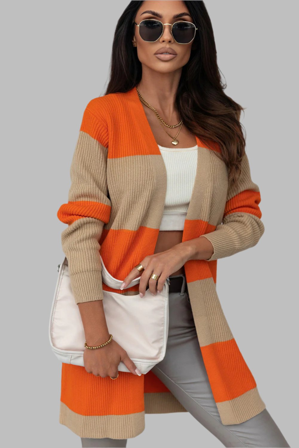 Orange Colorblock Ribbed Knit Cardigan