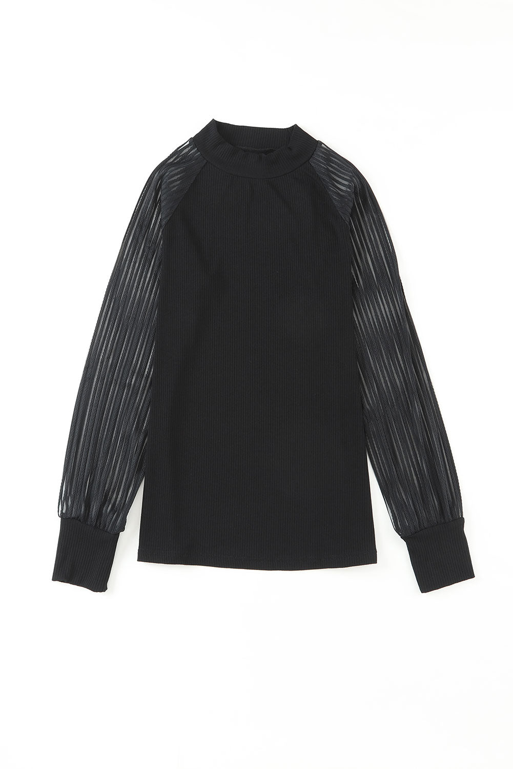 Ribbed Solid Color Striped Mesh Long Sleeve Top