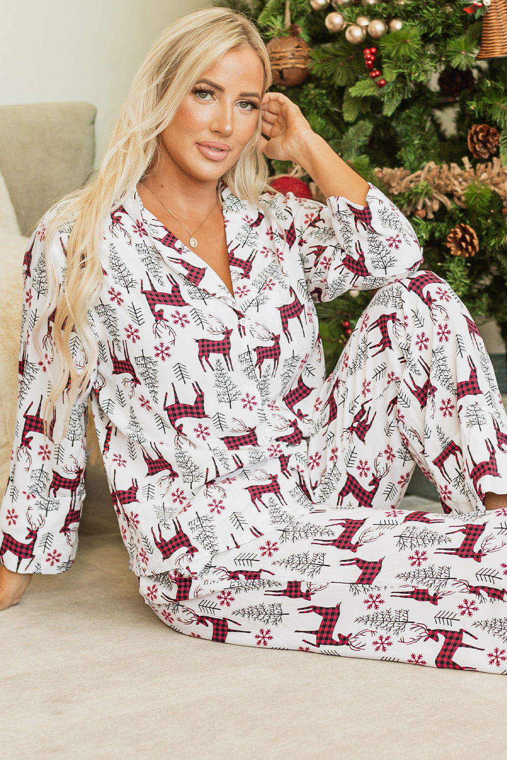 White Christmas Reindeer Pants Pajama Set
