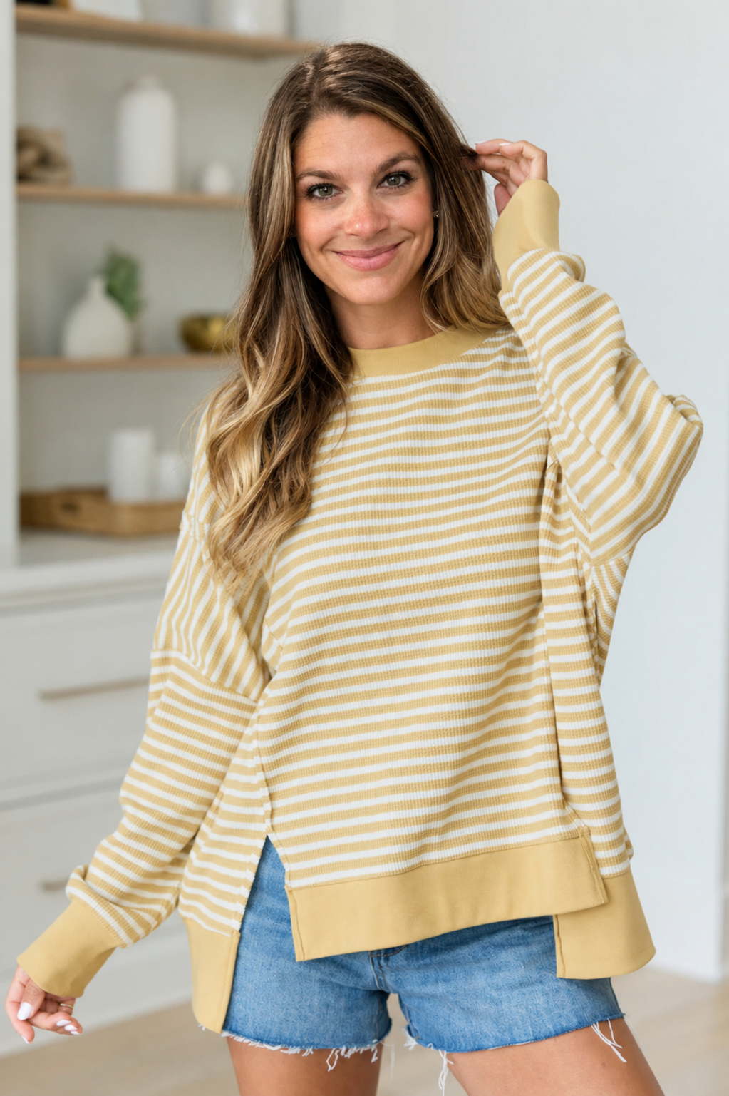 Khaki Stripe Textured Knit Color Block Trim Split Hem Long Sleeve Top