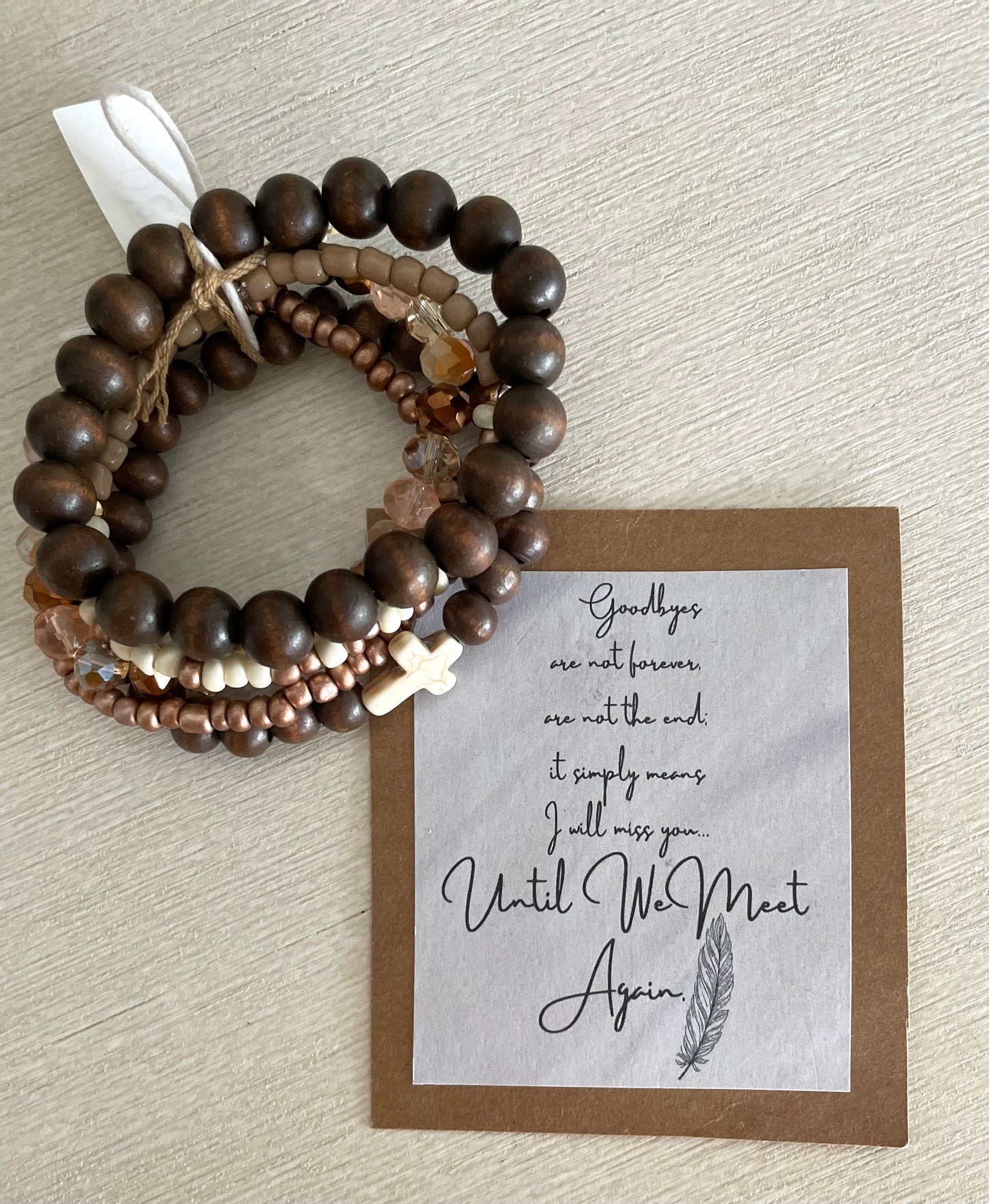 Brown Wood Until We Meet Again Morse Code Bracelet Set