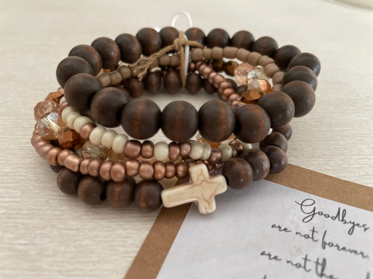 Brown Wood Until We Meet Again Morse Code Bracelet Set