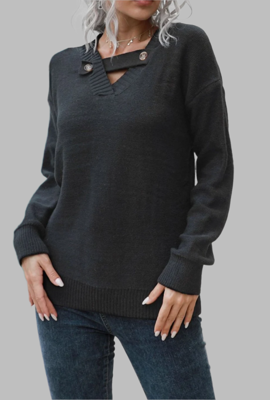 V-neck Button Neck Sweater