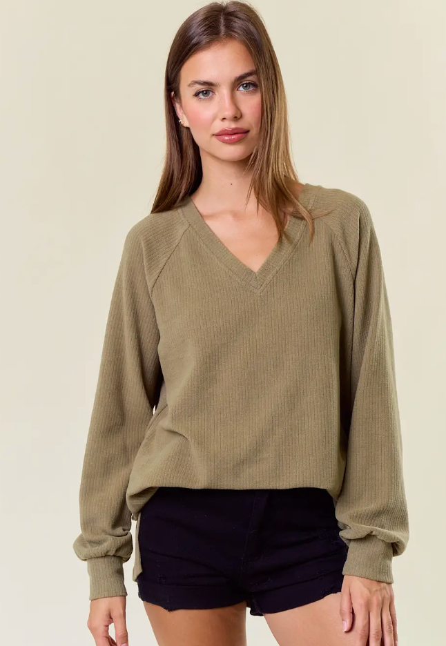 Olive V-Back Long Sleeve Top