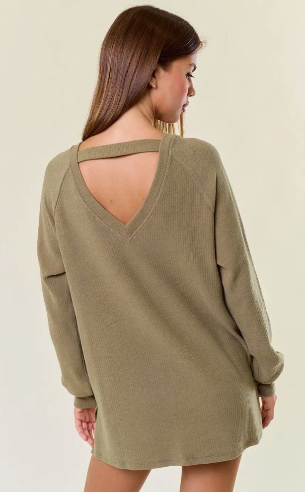 Olive V-Back Long Sleeve Top