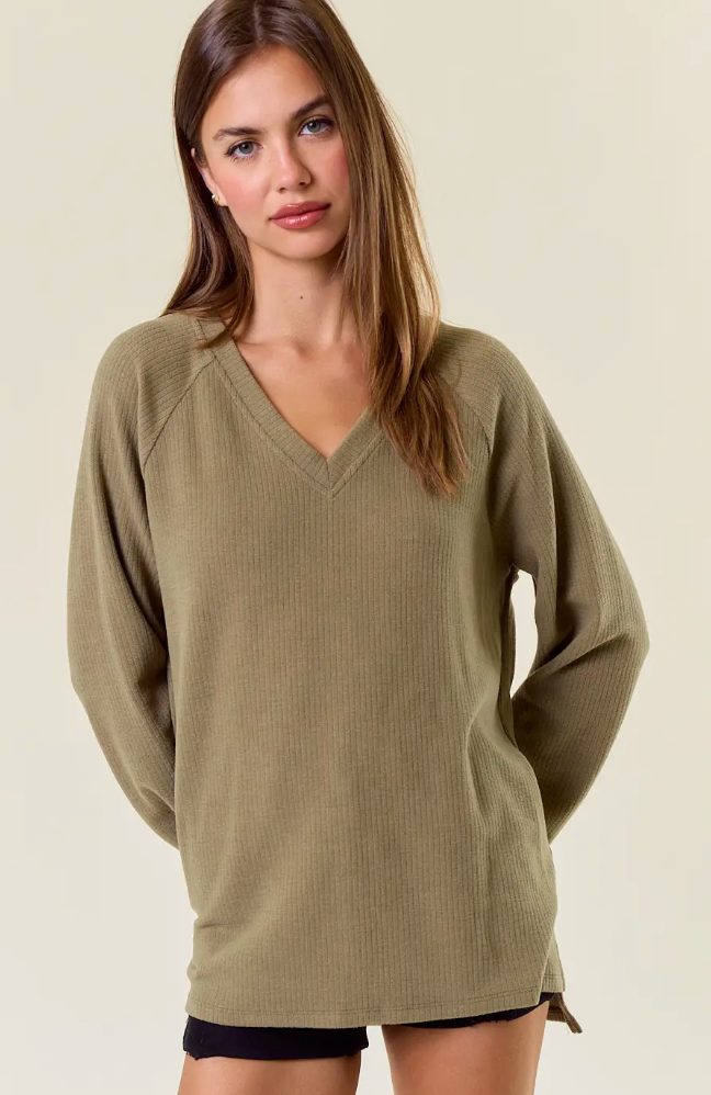 Olive V-Back Long Sleeve Top