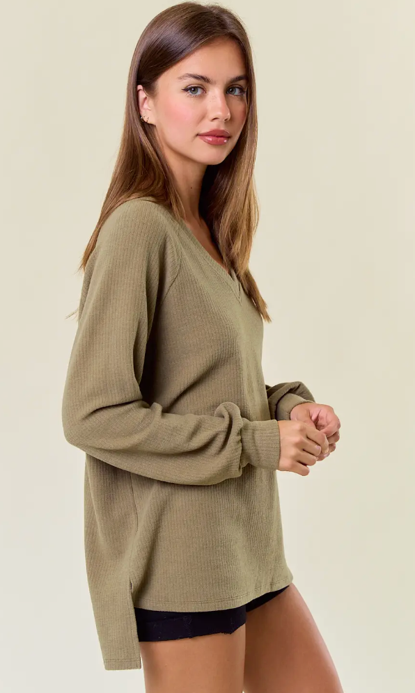 Olive V-Back Long Sleeve Top