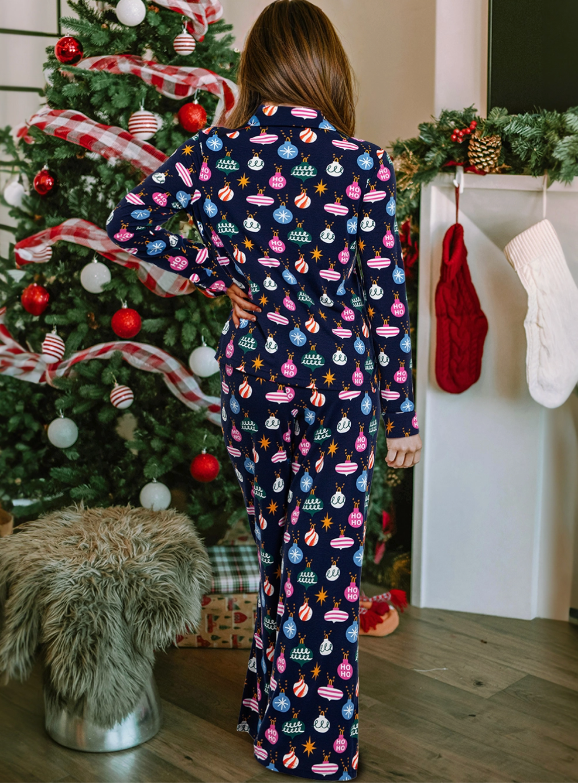 Colorful Christmas Lights Print Shirt and Pants Lounge Set