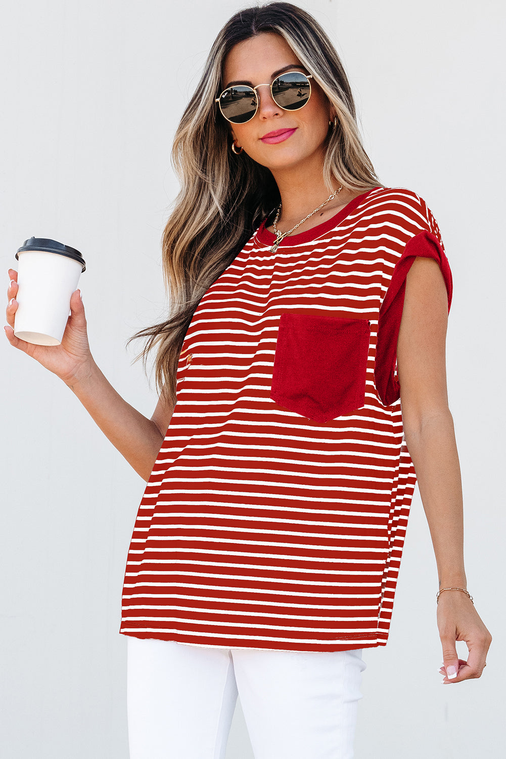 Rebecca-Red Stripe Chest Pocket Tank Top