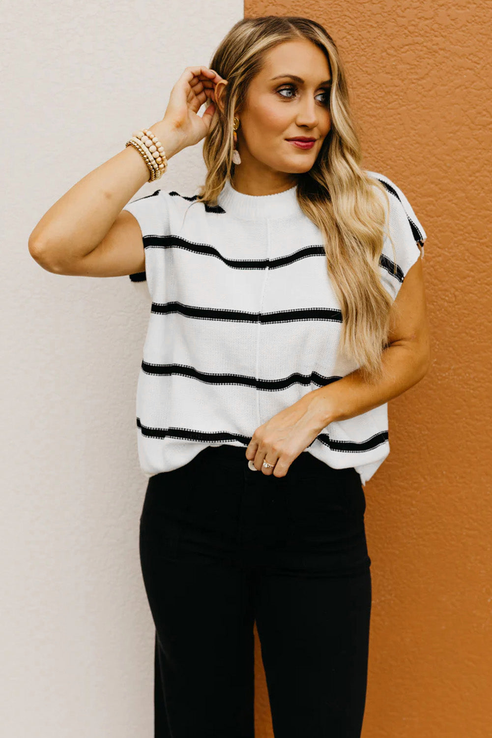 White Striped Batwing Sleeve Sweater