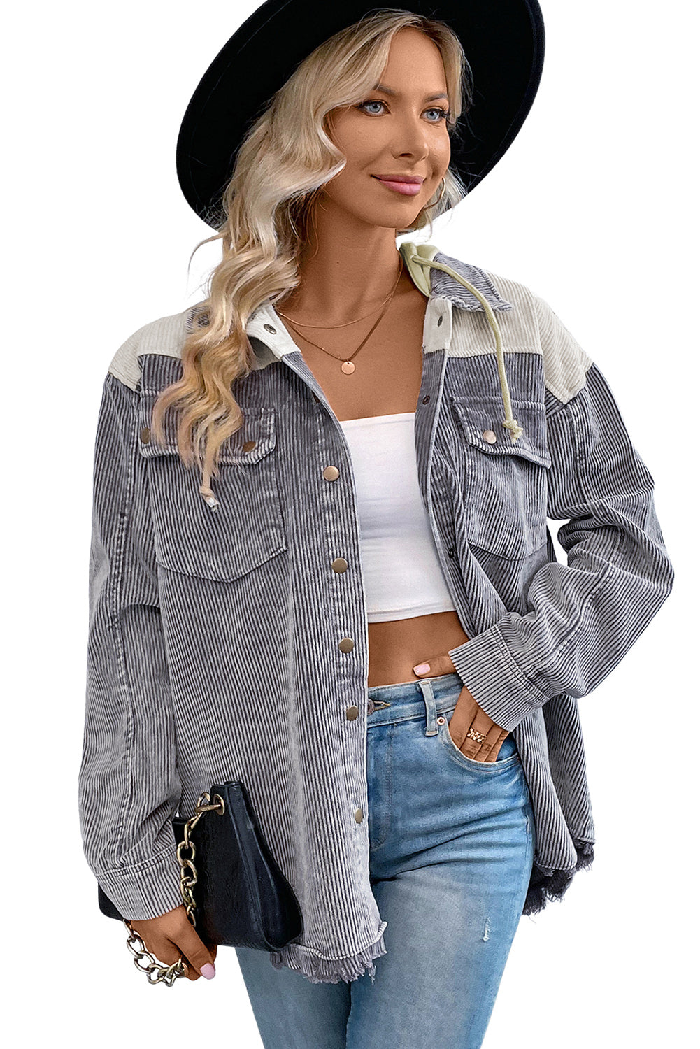 Raw Hem Patchwork Hooded Corduroy Jacket