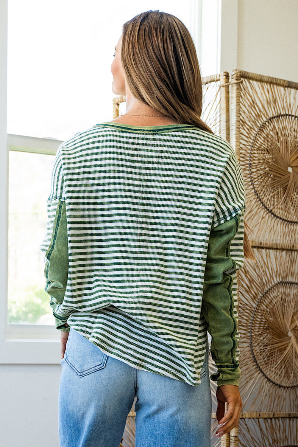 Green Stripe Thermal Knit Drop Shoulder
