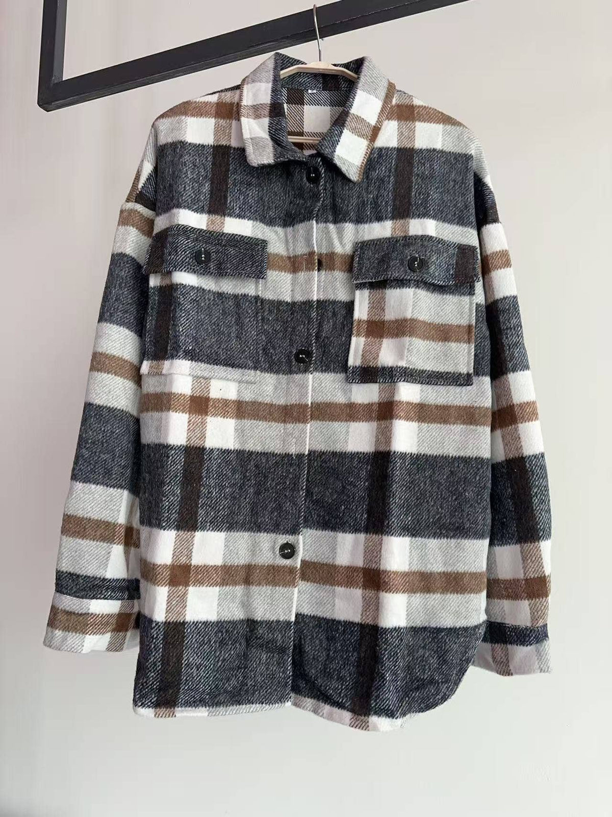 Navy Blue Plaid Button Flannel Shirt Jacket