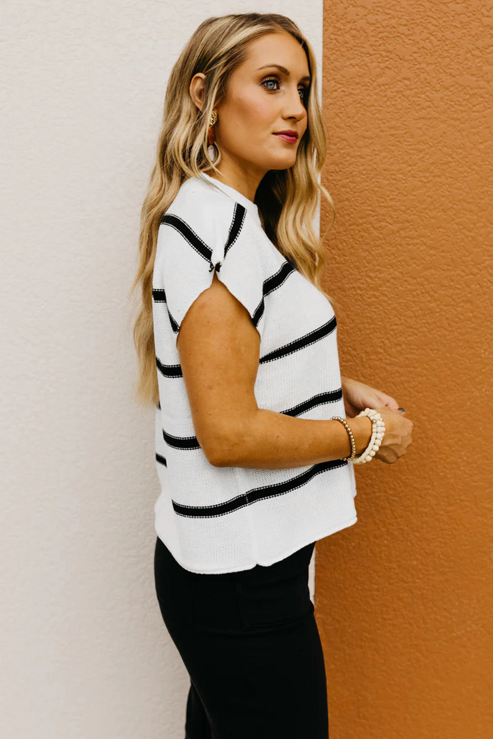 White Striped Batwing Sleeve Sweater