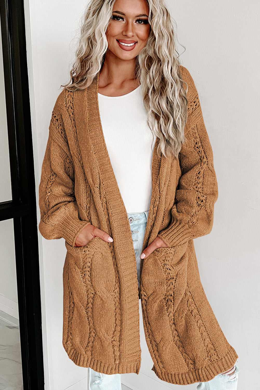 Red Ribbed Trim Hollow Knit Side Slits Cardigan