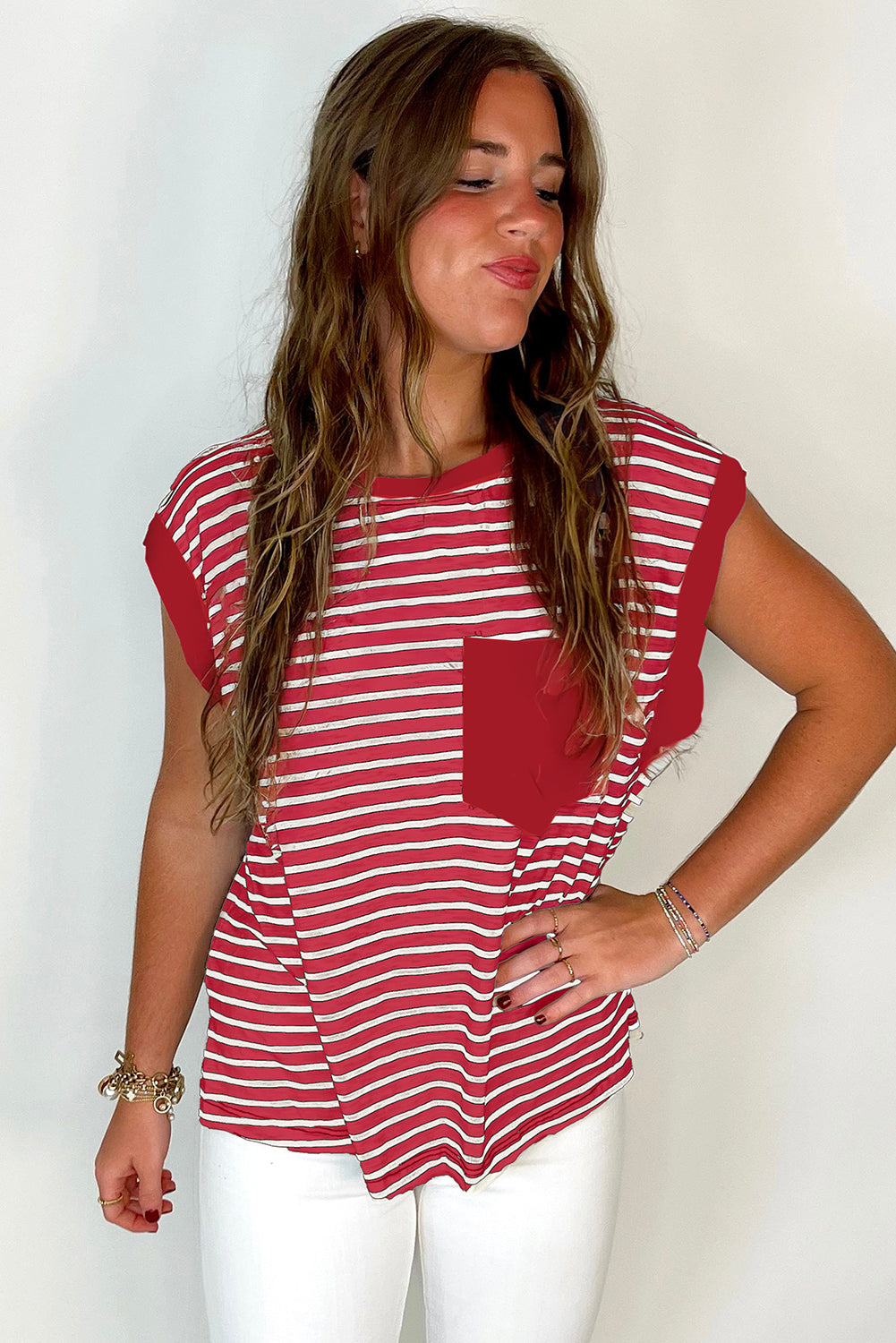 Rebecca-Red Stripe Chest Pocket Tank Top