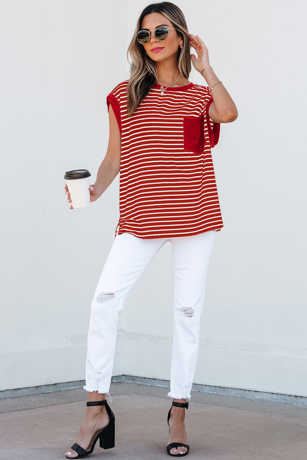 Rebecca-Red Stripe Chest Pocket Tank Top