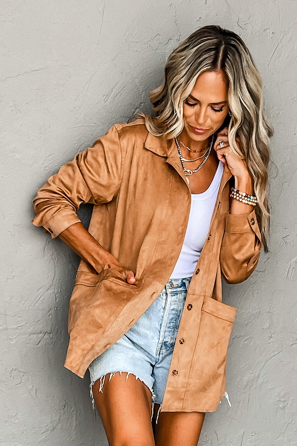 Camel Faux Suede Button Up Jacket