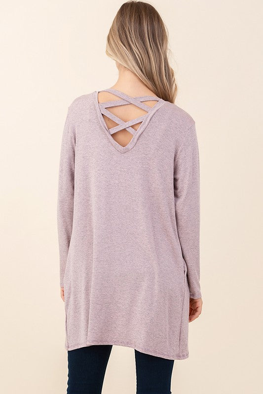 Mauve Criss Cross Open Back Cardigan