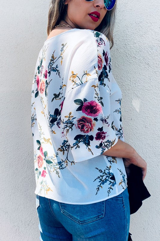 White Floral V Neck Tie Top