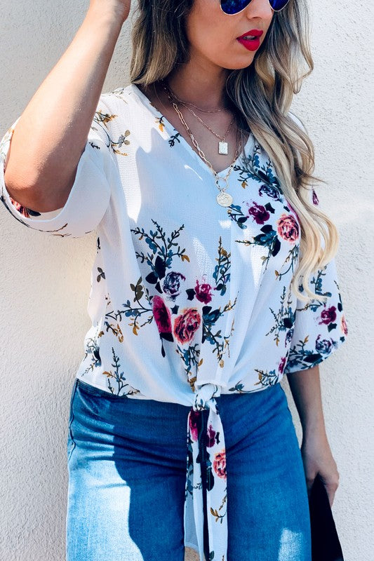 White Floral V Neck Tie Top