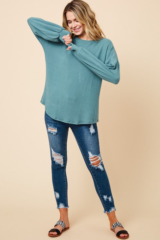 Teal Long Sleeve Crochet Back Trim Top