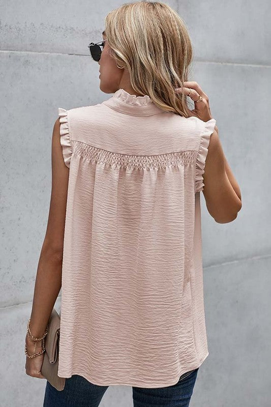 Champagne Ruffled Neck Sleeveless Top
