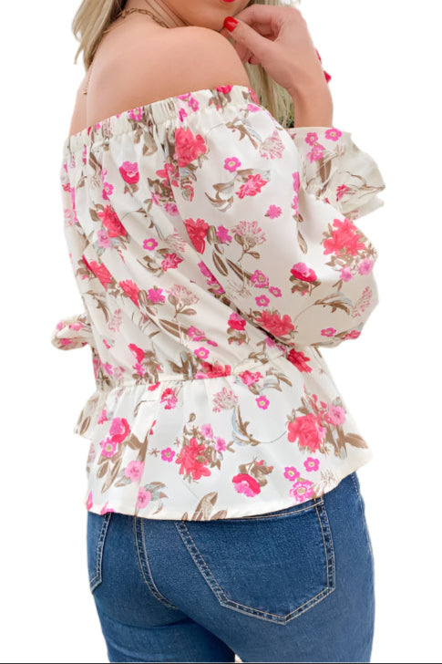Floral Printed Smocking Detail Off Shoulder Top