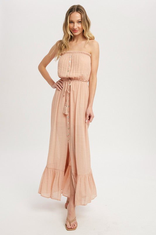Hazel-Button Front Tube Maxi Dress