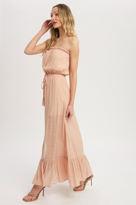 Hazel-Button Front Tube Maxi Dress