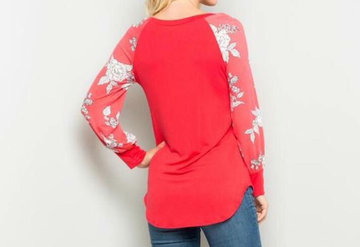 Coral Floral Sleeve  Raglan Top
