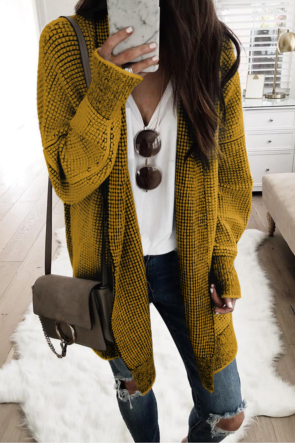 Yellow Knitted Open Front Casual Long Cardigan